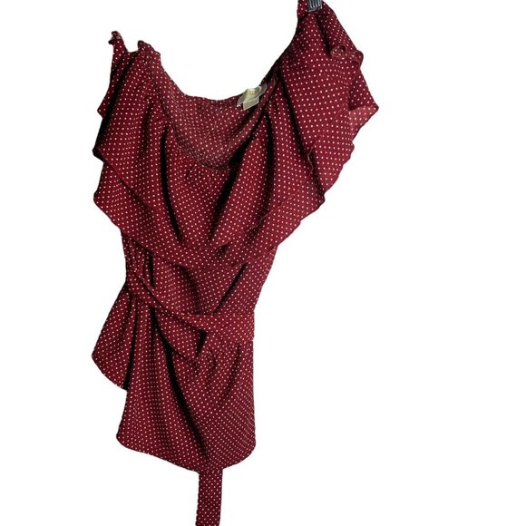 Anthropologie Maeve Women's L Rita Ruffled One Shoulder Top Polka Dots Red Wine - Picture 2 of 7